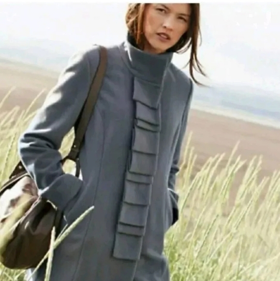 Garnet Hill Ruffle Front Wool Ribbon Candy Coat Gray Women's Size 10 Classic - Picture 1 of 16